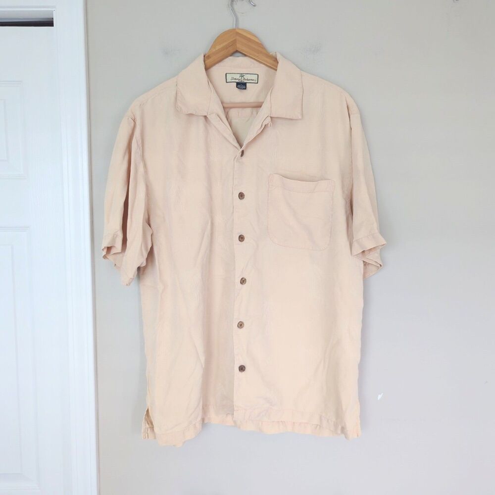 Tommy Bahama Men's Cream Beige 100% Silk Short Sleeve Button Down Shirt Large